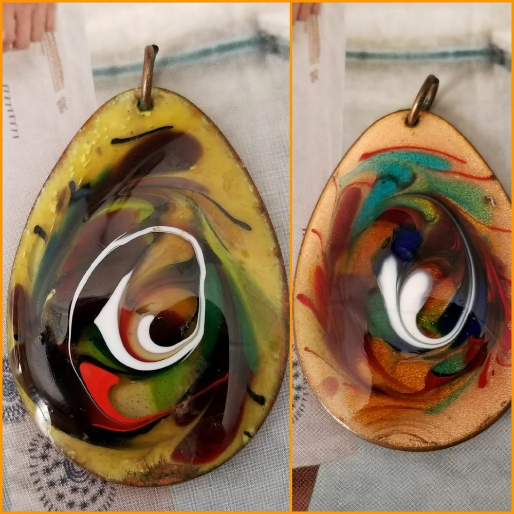 Vintage enamel copper pendant swirl teardrop